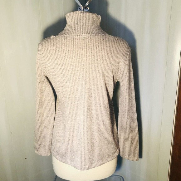Clara Sun Woo Tan Knit Turtleneck Split Open Shoulder Neck Sweater Size S - Picture 4 of 11